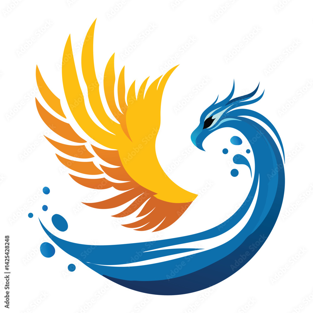 Fototapeta premium Phoenix-Like Bird Rising from Water Illustration on White Background