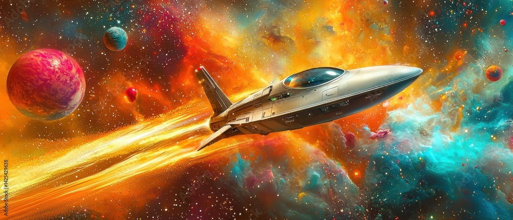 National Space Day Futuristic spaceship traveling through a vibrant, colorful cosmic scene with planets and stars.