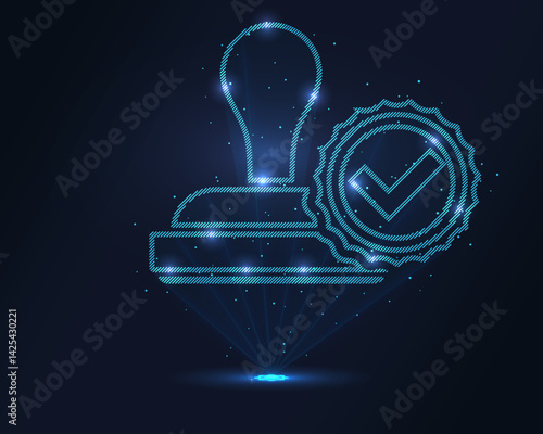 Stamp hologram. Futuristic holographic projection of a stamp with glowing energy flux and certification design. Perfect for business, approval, and branding concepts