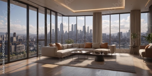 Luxury high-rise apartment, panoramic city vista,  skyline,  view
