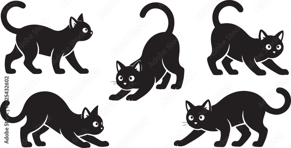 Obraz premium Cat Silhouette Vector Collection in Various Poses for Animal Design, Pet Illustrations, Feline Graphics, and Halloween Themes