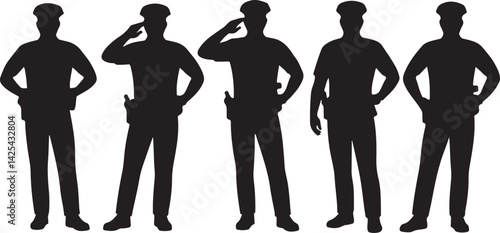 Police Silhouette Vector of Officers in Different Poses, Salute, Standing, and Action Stances for Law Enforcement, Security, and Professional Uniform Design