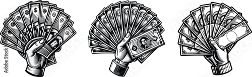 Hands fanning out stacks of cash money wealth finance success black and white vector design