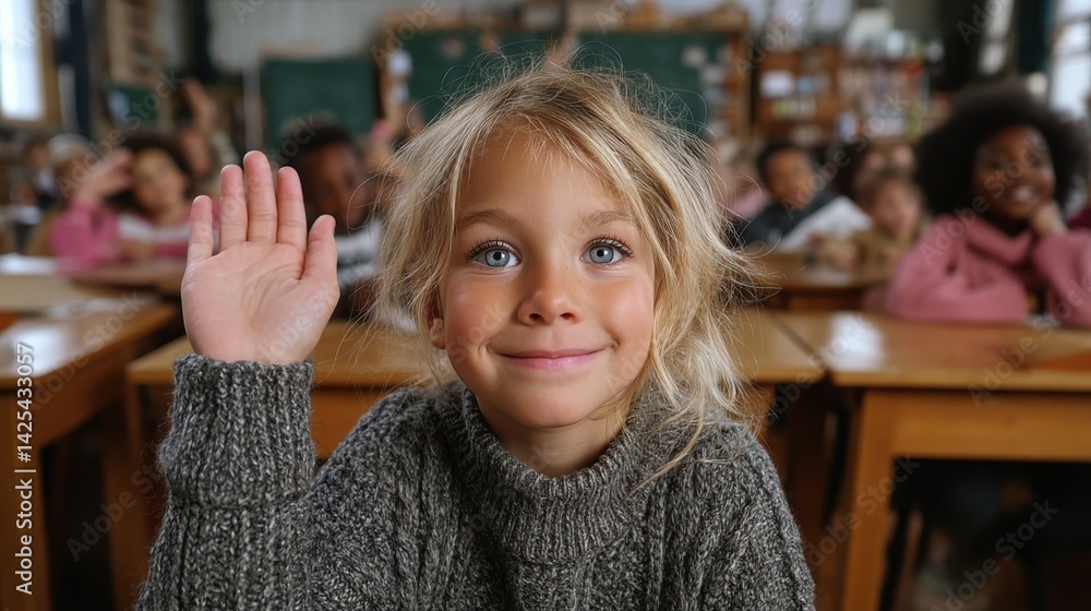 Happy Schoolgirl Raising Hand to Participate in Class Happy Schoolgirl Raising Hand to Participate in Class