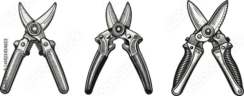 Pruning shears gardening tools black and white illustration