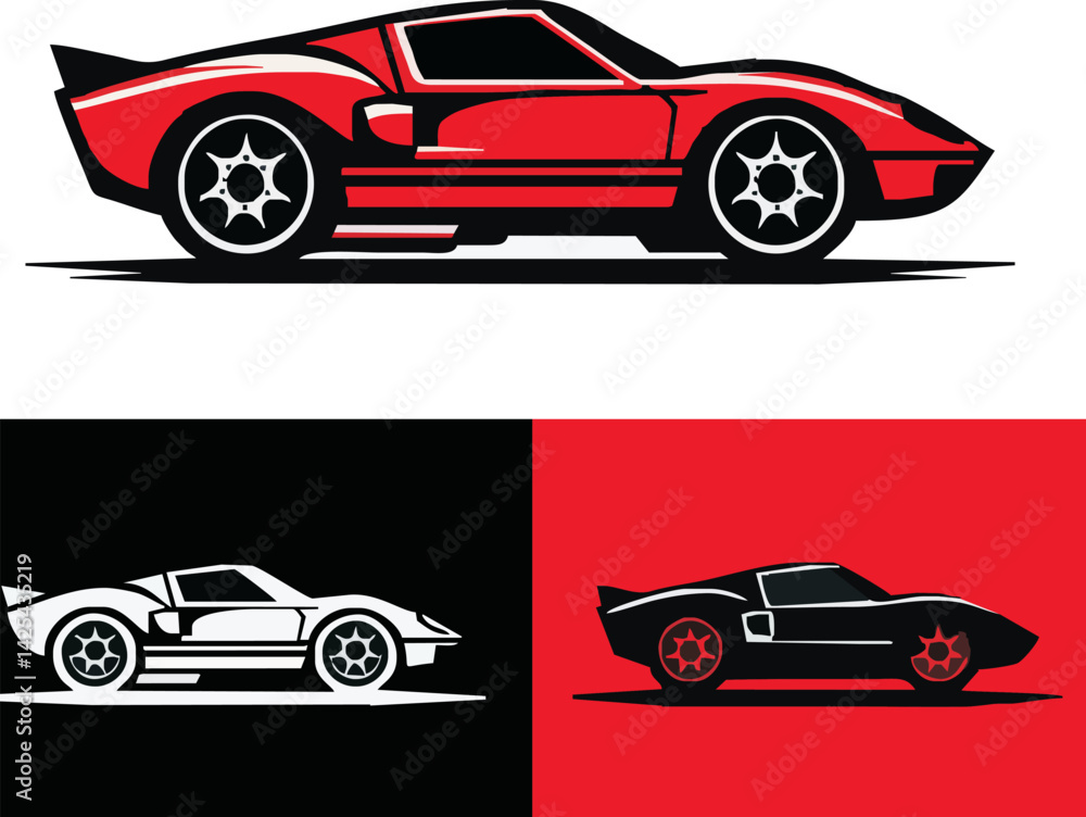Fototapeta premium Classic Car Designs in Bold Color: Showcasing a series of classic sports car illustrations in vibrant red, sleek white, and elegant black.