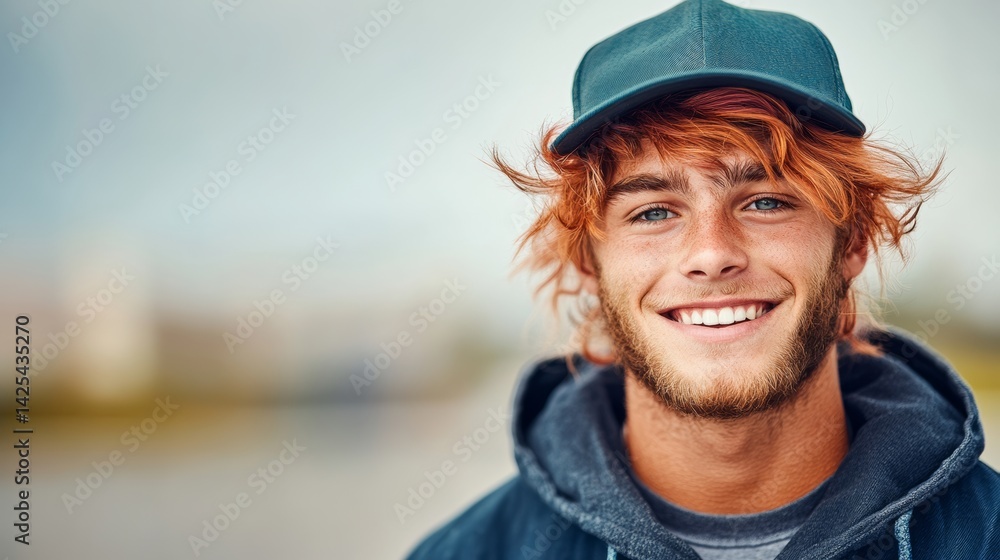 Man with red hair and a green hat is smiling. He is wearing a blue jacket and a gray hoodie Man with red hair and a green hat is smiling. He is wearing a blue jacket and a gray hoodie