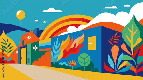 A bright handpainted mural adorns the wall of a local community center created with the help of donated spray paint and stencils.. Vector illustration