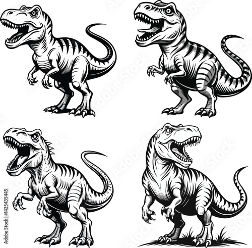 Tyrannosaurus Rex Dinosaurs Black and White Illustration