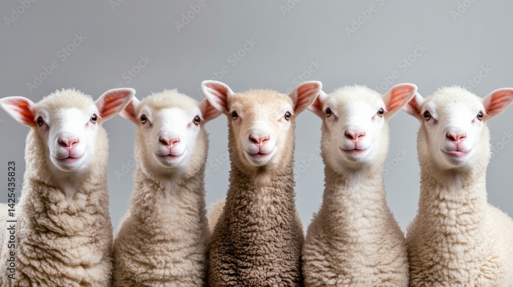 Fototapeta premium Five sheep are standing in a row, all with different shades of white fur. The sheep are all smiling and looking at the camera, creating a warm and friendly atmosphere
