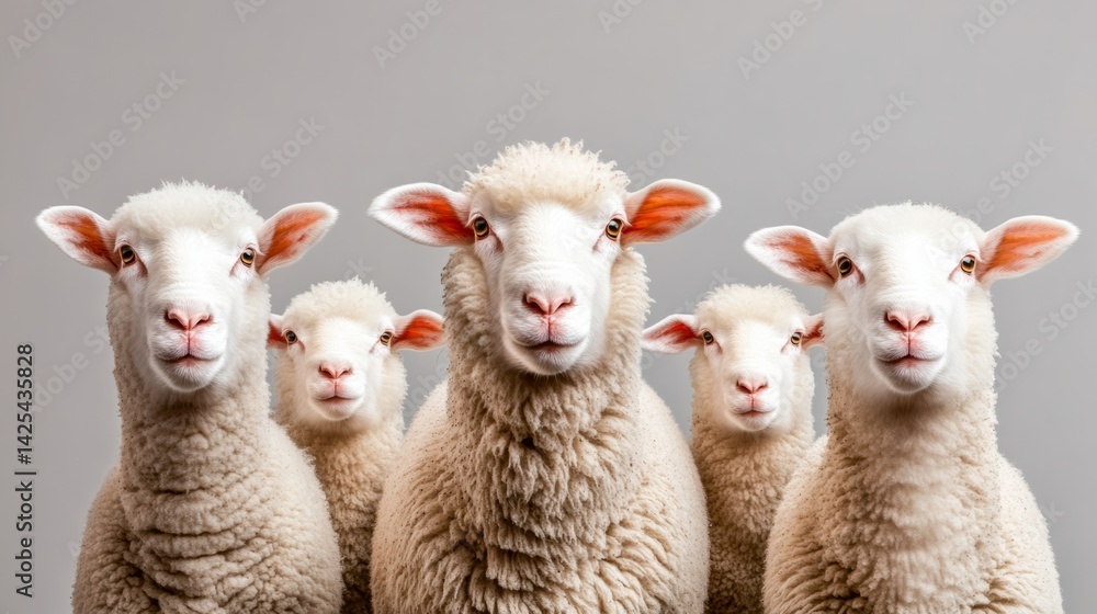 Fototapeta premium Group of sheep are standing in a row, with their heads turned towards the camera. The sheep are all white and appear to be looking at the camera, creating a sense of curiosity and interest