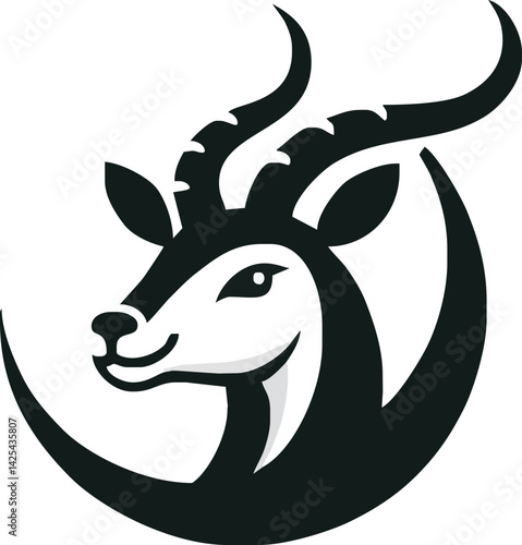 Gazelle Silhouette: A clean, striking, black and white illustration of a gazelle head in a dynamic pose, embodying speed and grace against a minimalist backdrop.