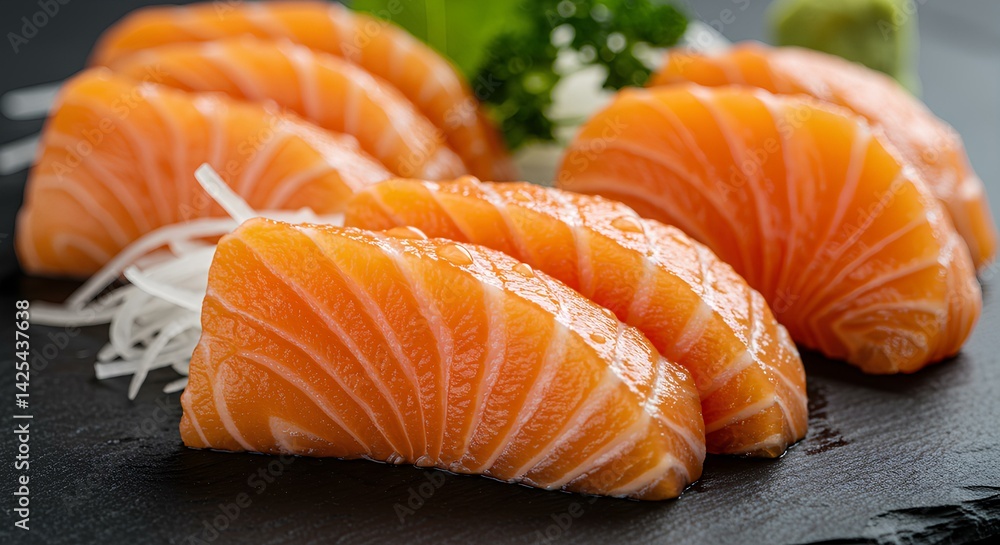 Fresh salmon sashimi neatly arranged Fresh salmon sashimi neatly arranged