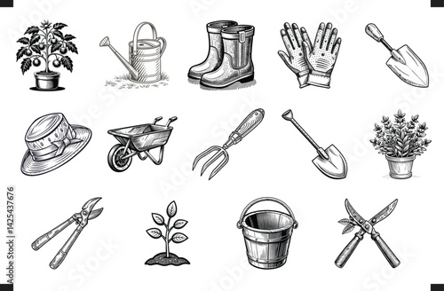 Gardening tools plants and accessories hand drawn illustrations set