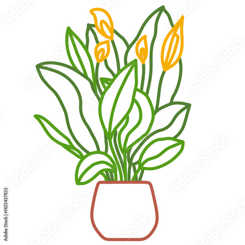 Potted peace lily sketch. Vector indoor flower in a pot. Doodle color illustration of a plant