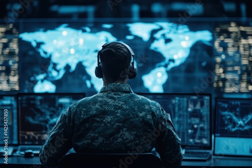 Obraz na płótnie Military personnel monitoring global data from an advanced command center at night w salonie