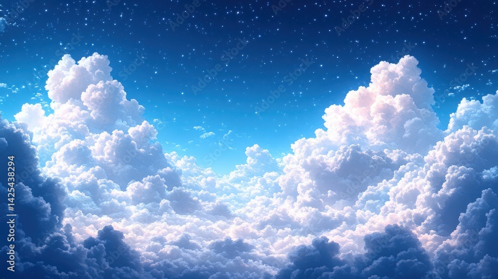 Serenity unveiled: An ethereal skyscape with fluffy clouds and celestial shimmer Serenity unveiled: An ethereal skyscape with fluffy clouds and celestial shimmer