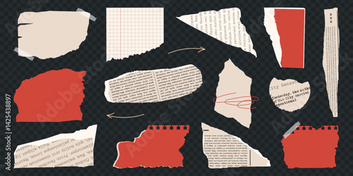 Rip torn paper set. Trendy retro vintage newspaper cut set, notebook sheet, colored y2k elements for sticker, grunge texture, collage, poster. Old gazettes piece collection. Isolated Vector illustrat