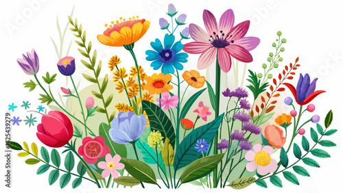 Wildflower bloom vector nature plants file, isolated wildflower design, colorful spring flowers, nature cut out background, transparent wildflower artwork, spring plant illustration white backgrounds