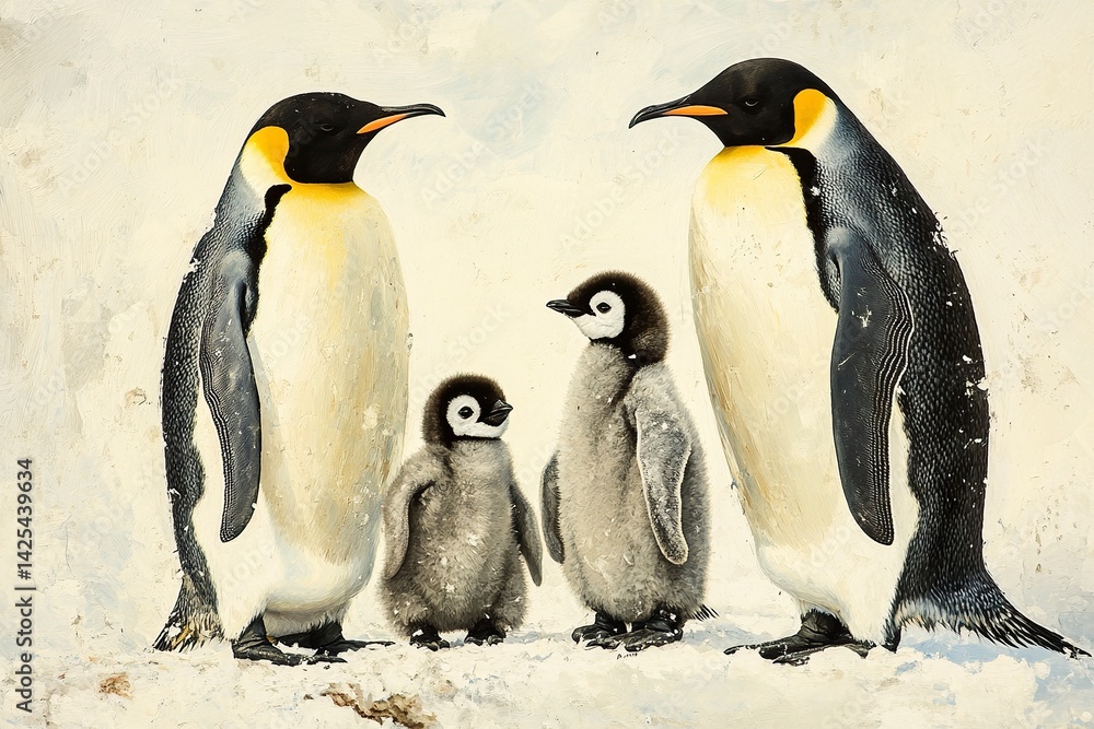 Fototapeta premium A family of emperor penguins standing together on the snow-covered ice, with one baby chick between them. The background is a soft white color that highlights their black and grey plumage. This scene