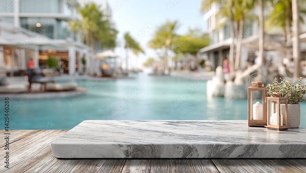 Obraz premium Luxury Marble Table with Beach Resort and Swimming Pool View – Summer Vacation Concept