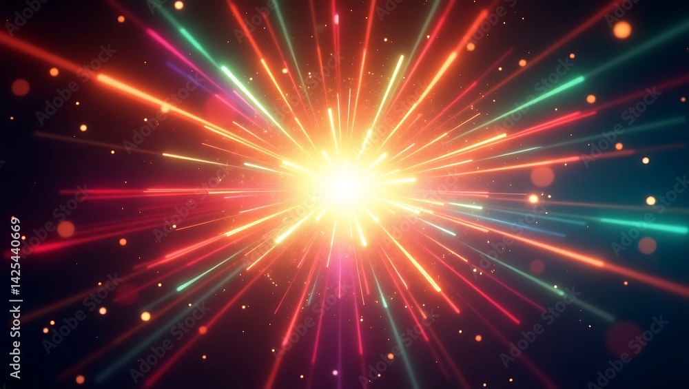 Naklejka premium Dynamic Neon Burst with Colorful Rays and Sparkling Particles, Ideal for Futuristic, Energy, and High-Impact Design Concepts