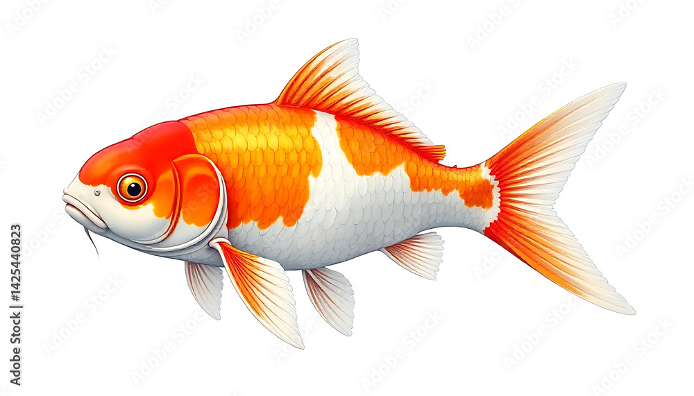 Detailed artistic rendition of an orange and white koi fish on a clean background Detailed artistic rendition of an orange and white koi fish on a clean background