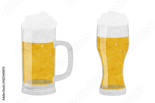 ビールの水彩イラスト、ビールジョッキ、グラスビール