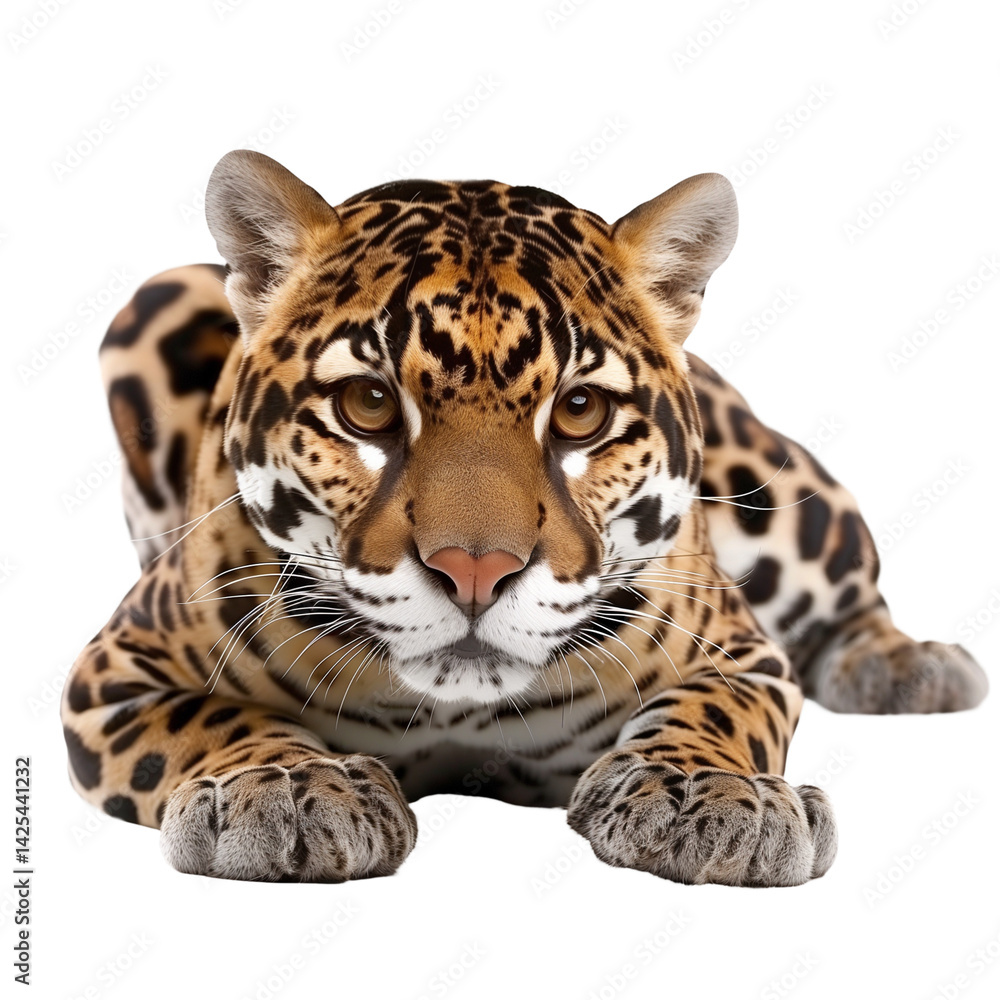 Obraz premium Crouching jaguar looking forward on transparent background