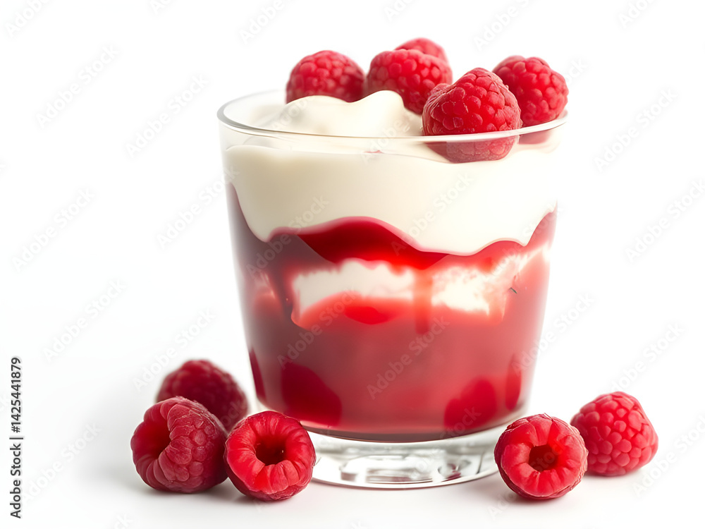 Fresh raspberries in a glass with sweet white yogurt make a healthy fruit dessert Fresh raspberries in a glass with sweet white yogurt make a healthy fruit dessert