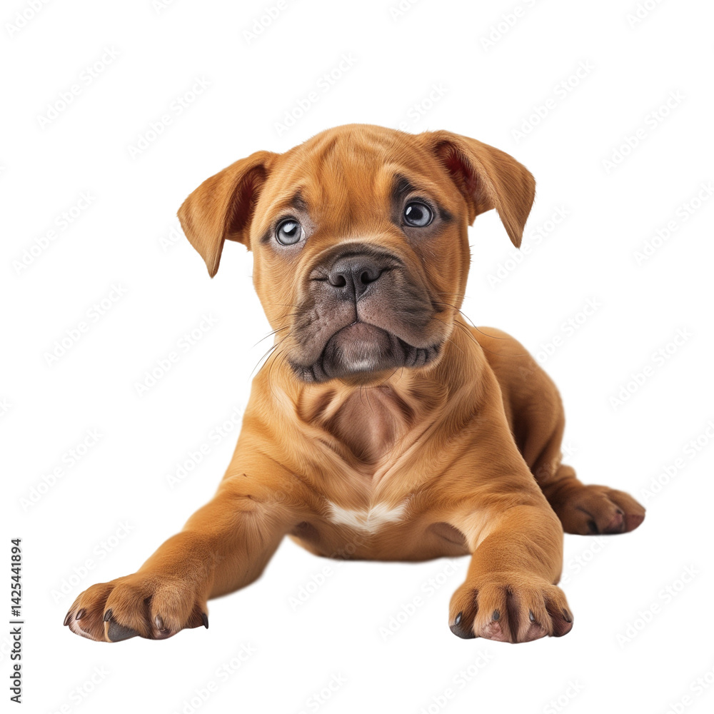 Fototapeta premium Lying brown puppy with sad eyes on transparent background