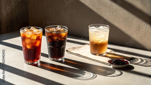 Enticing cold drinks showcased in sunlight, accented by dramatic shadows cast on a table