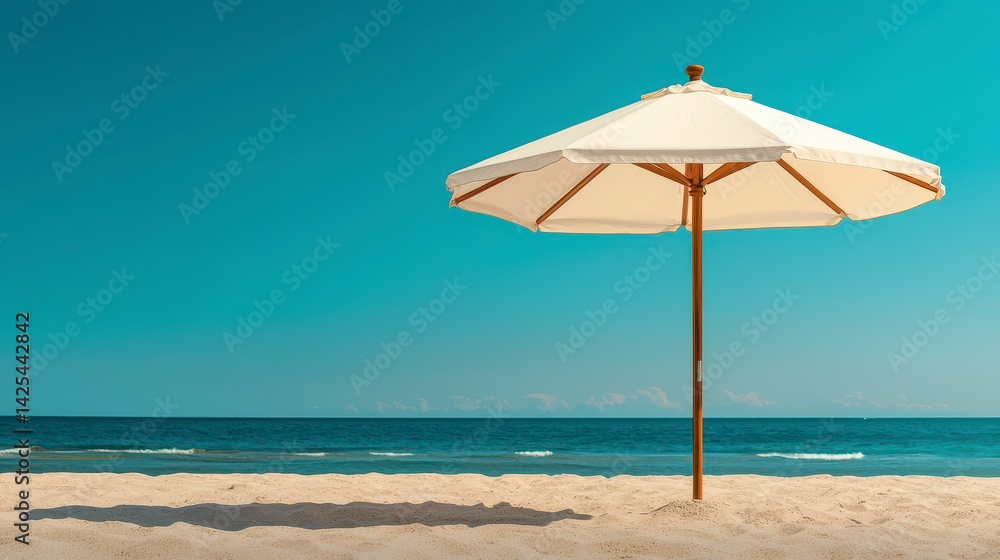 Beach Umbrella Casting Shadow on Sandy Shore Under Clear Blue Sky Beach Umbrella Casting Shadow on Sandy Shore Under Clear Blue Sky
