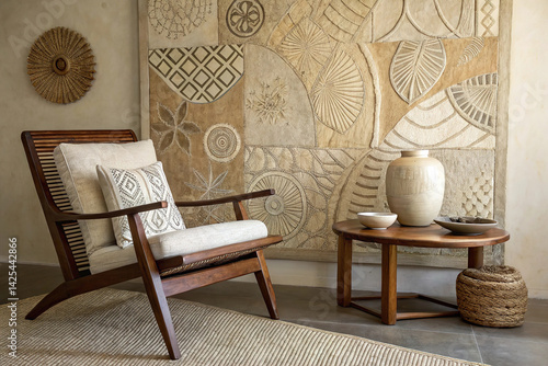 Textured wall art and classic wooden armchair styled with ceramics in a calm and minimal setting