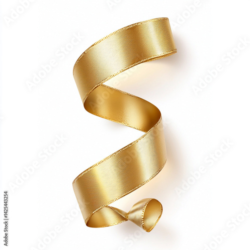 Floating gold ribbon with curled edges, isolated on white background