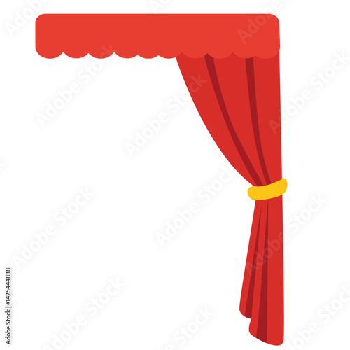Classic red stage curtain tied on the left side with a yellow band. Features a scalloped valance top, perfect for performance or theater themes.