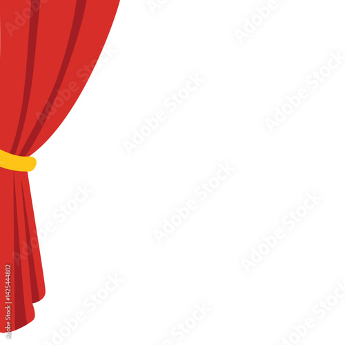Classic red stage curtain tied on the left side with a yellow band. Features a scalloped valance top, perfect for performance or theater themes.