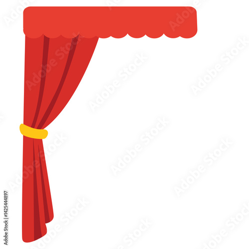 Classic red stage curtain tied on the left side with a yellow band. Features a scalloped valance top, perfect for performance or theater themes.