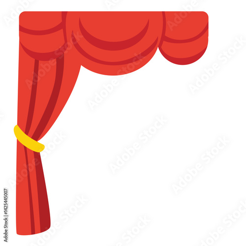 Classic red stage curtain tied on the left side with a yellow band. Features a scalloped valance top, perfect for performance or theater themes.