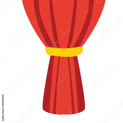 A red curtain neatly tied in the middle with a yellow band. Suitable for stage side decor, performance backgrounds, or theatrical illustrations.