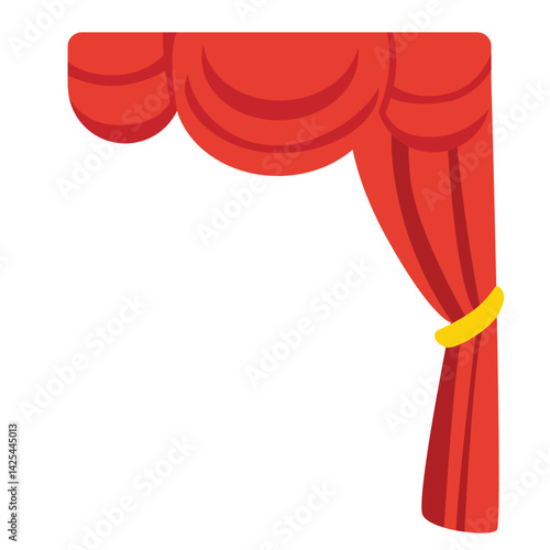 Classic red stage curtain tied on the left side with a yellow band. Features a scalloped valance top, perfect for performance or theater themes.