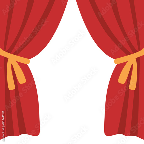 Bright red curtains tied back on both sides, creating a theatrical frame. Classic stage or performance design with a simple and clean layout.