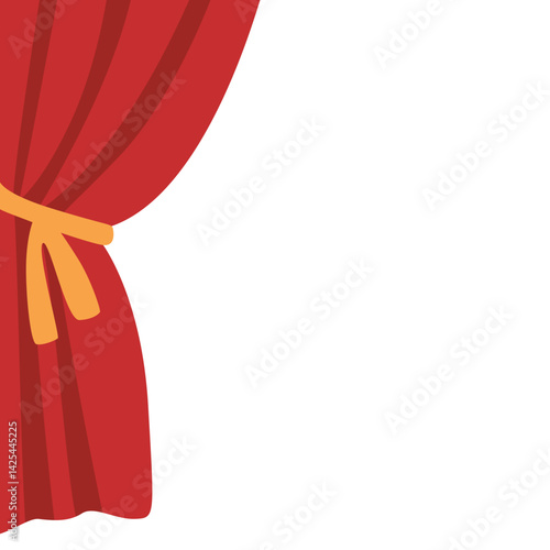 Classic red stage curtain tied on the left side with a yellow band. Features a scalloped valance top, perfect for performance or theater themes.