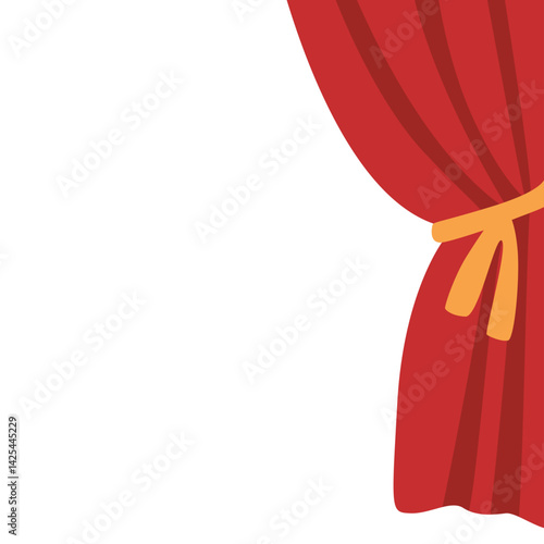 Classic red stage curtain tied on the left side with a yellow band. Features a scalloped valance top, perfect for performance or theater themes.
