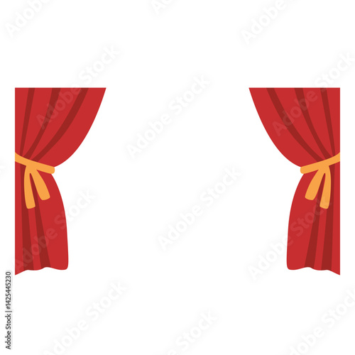 Bright red curtains tied back on both sides, creating a theatrical frame. Classic stage or performance design with a simple and clean layout.