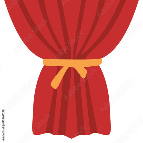 A red curtain neatly tied in the middle with a yellow band. Suitable for stage side decor, performance backgrounds, or theatrical illustrations.