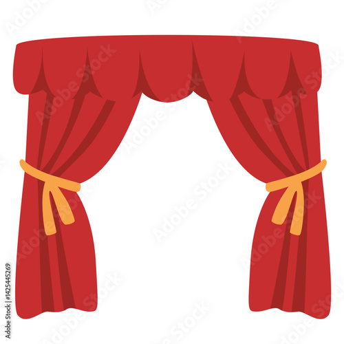 Bright red curtains tied back on both sides, creating a theatrical frame. Classic stage or performance design with a simple and clean layout.