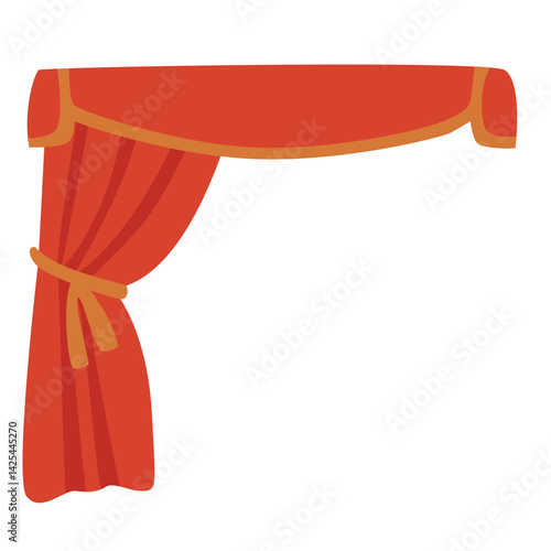Classic red stage curtain tied on the left side with a yellow band. Features a scalloped valance top, perfect for performance or theater themes.