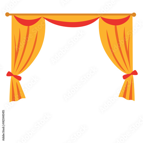 Decorative yellow and red stage curtain with floral accents. Tied drapes and top swag create a formal, elegant frame suitable for performances or ceremonies.