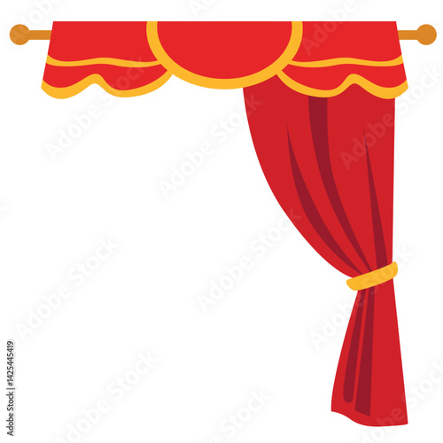 A single red curtain tied on the left side, hanging from a silver rod. Ideal for stage corner visuals or simple theatrical illustrations.